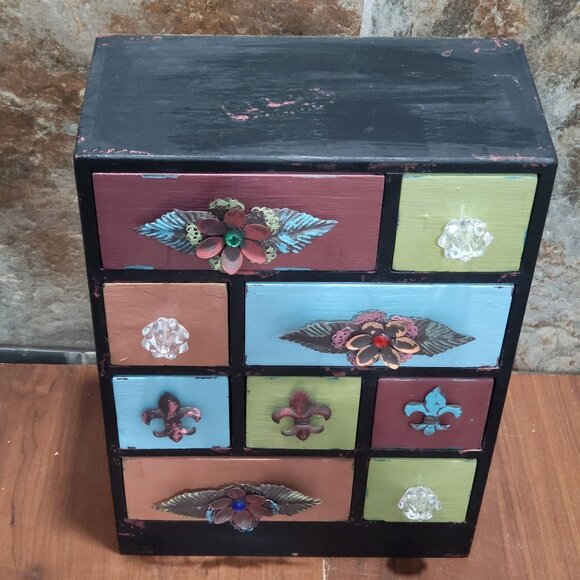 Multi Color 9 Drawer Wood Cabinet Small Chest Box Desk Organizer - Picture 4 of 17